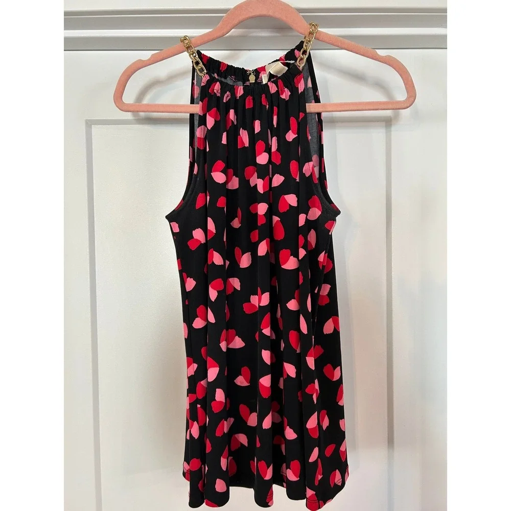 Michael Kors Black Pink Red Hearts Chain Halter Tank Top Womens Medium Valentine